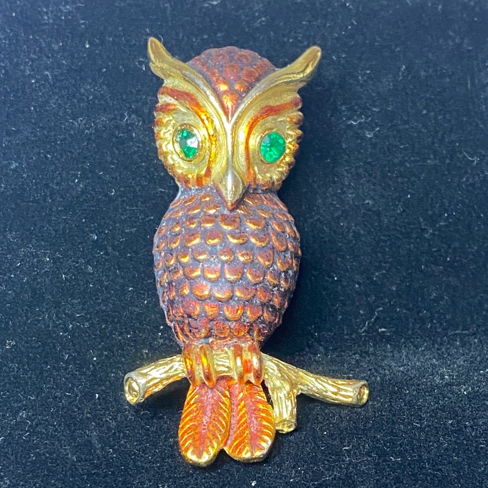 Vintage Sphinx Owl Brooch with Green Eyes